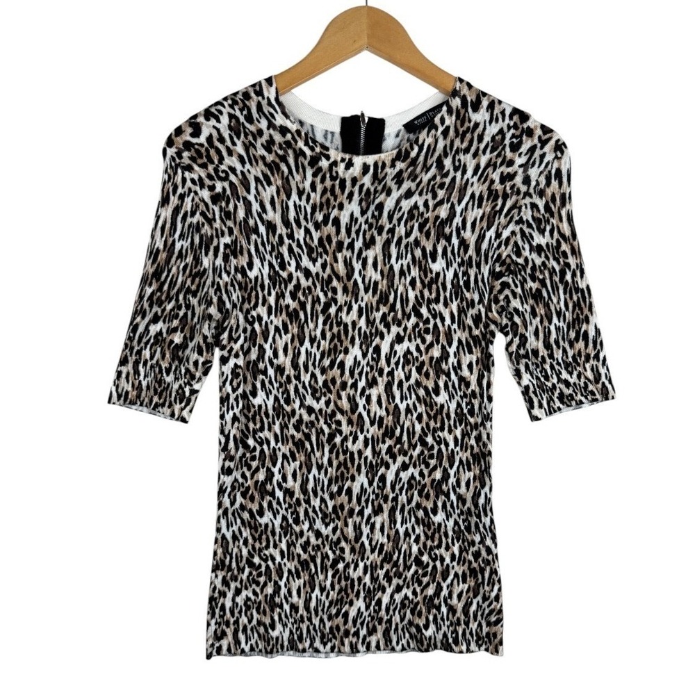 White House Black Market Short Sleeve Zip Back Crewneck Sweater Animal Print S